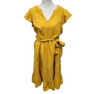 Magaschoni Women's Yellow Midi Flutter Sleeves  Pockets gauzy cotton large